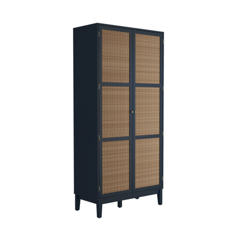 Bordeaux Blue 2-Door Wardrobe - Rattan Front, Gold Handle, 2 Pcs 1