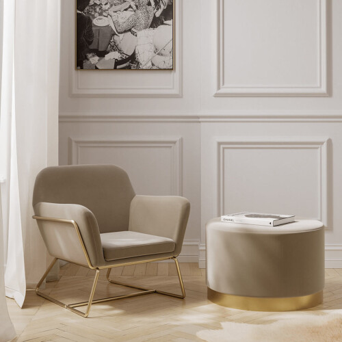 Lara Beige Velvet Pouffe - Large Multiuse Design, Brushed Gold Base 2
