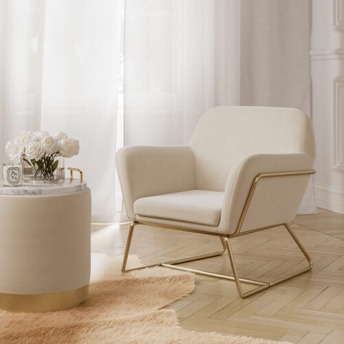Lara Cream Velvet Pouffe - Small Multiuse Design, Brushed Gold Base 2