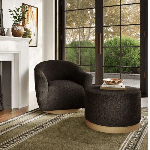 Lara Black Boucle Pouffe - Large Multiuse Design, Blonde Oak Base 2