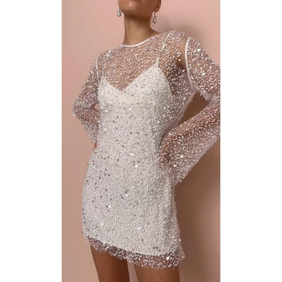 (white, Medium) "2025 Women's Two-Piece Suspender Dress with Bubble Beads & Mesh