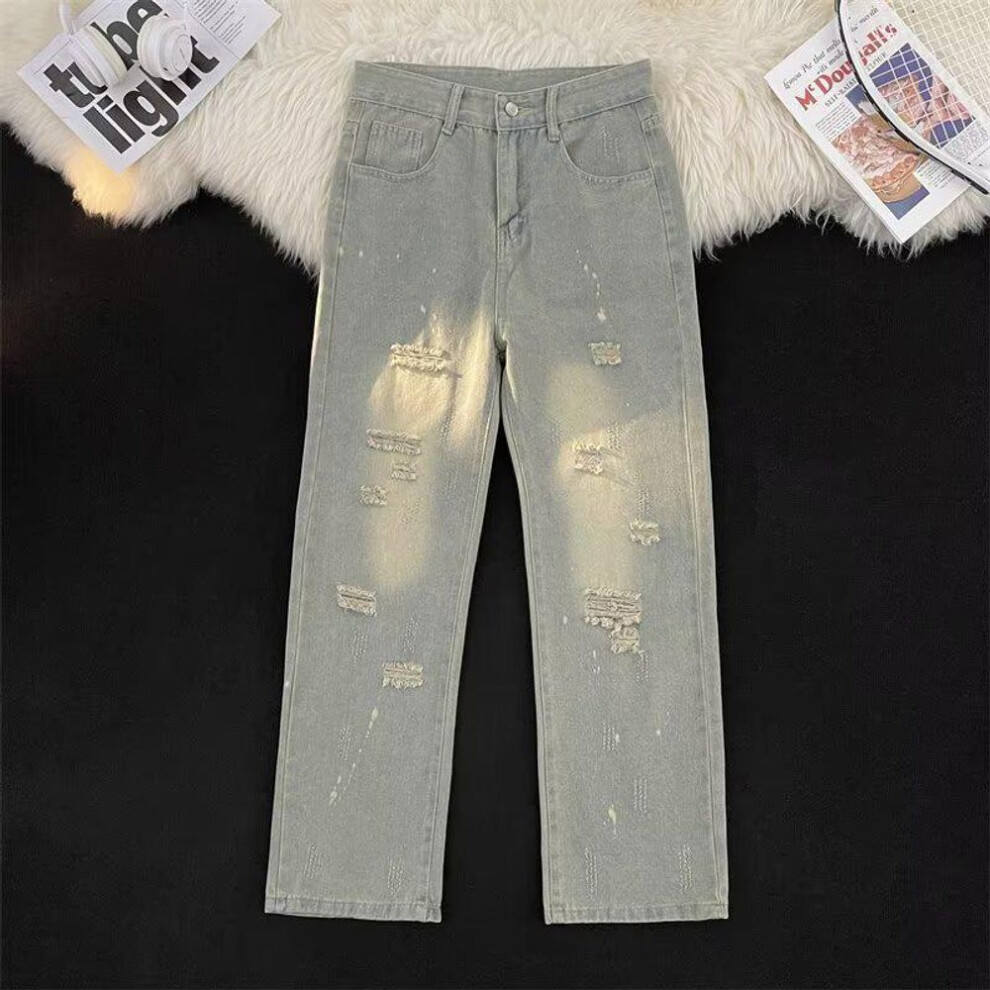 (blue, XL) Men's Summer Thin American High Street Style Washed Hole Casual Jeans - Trendy, Loose, Straight Fit