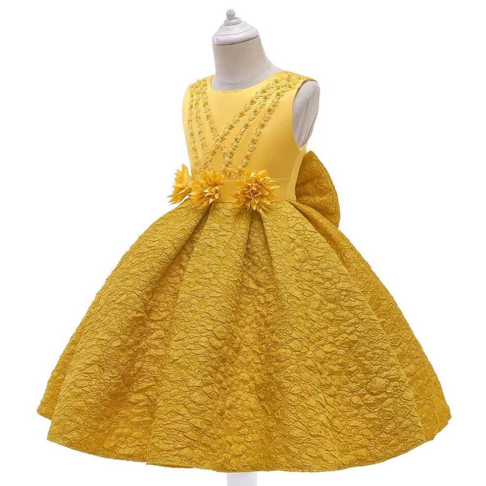 (yellow, 130cm) 2024 European & American Flower Girl Backless Princess Dress With Bow