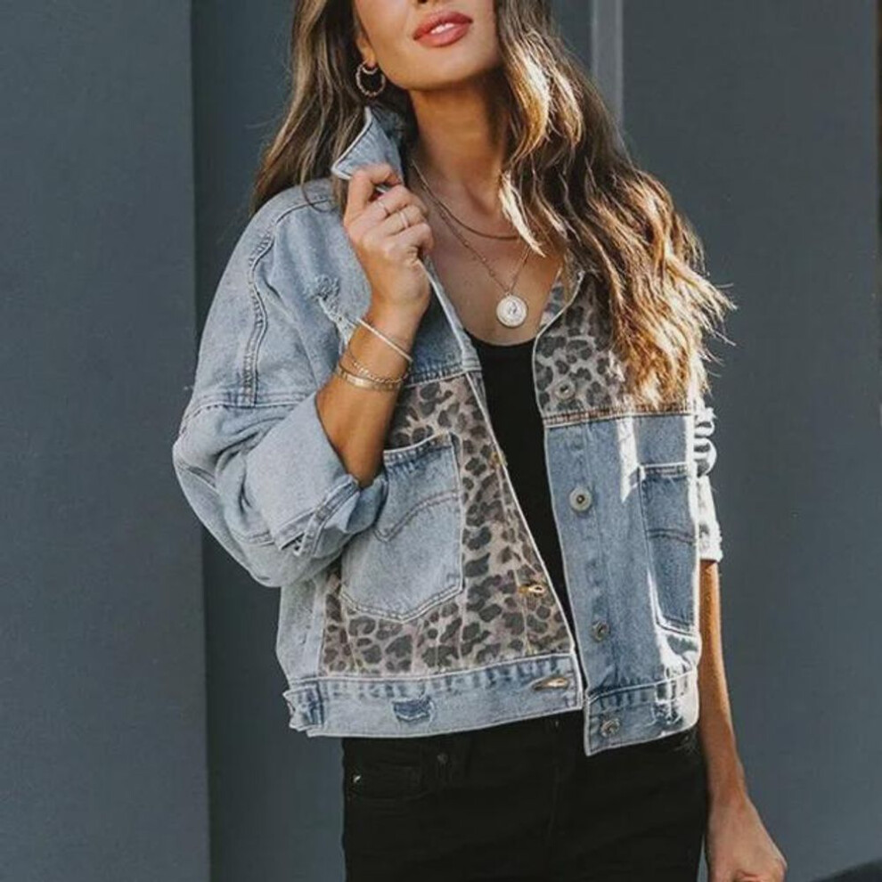 (light blue, S) Women's Long Sleeve Denim Jacket With Leopard Print Stitching - Autumn/winter European And American Style.