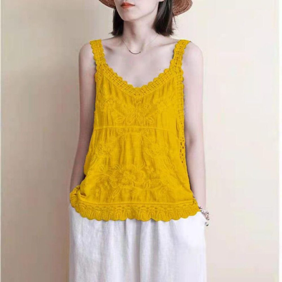 (yellow, One Size) "8-Color V-Neck Embroidered Cotton-Linen Top for Women