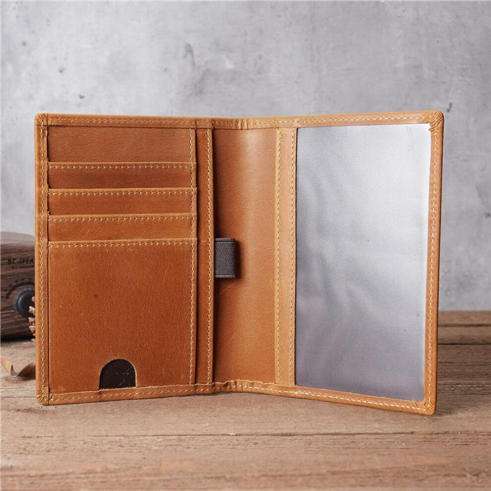 (yellow,brown) Vintage Genuine Leather Passport Bag - Crazy Horse Multi-functional Wallet With Id Holder, Card Slots, Ticket Clip, And Coin Pocket