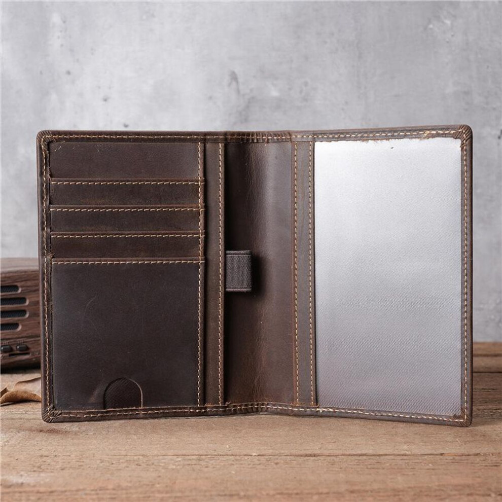 (dark brown) Vintage Genuine Leather Passport Bag - Crazy Horse Multi-functional Wallet With Id Holder, Card Slots, Ticket Clip, And Coin Pocket
