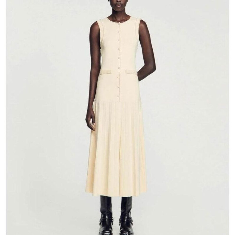(apricot, S) "2024 French Chic Round Neck Pearl Knitted Sleeveless Slim Maxi Dress