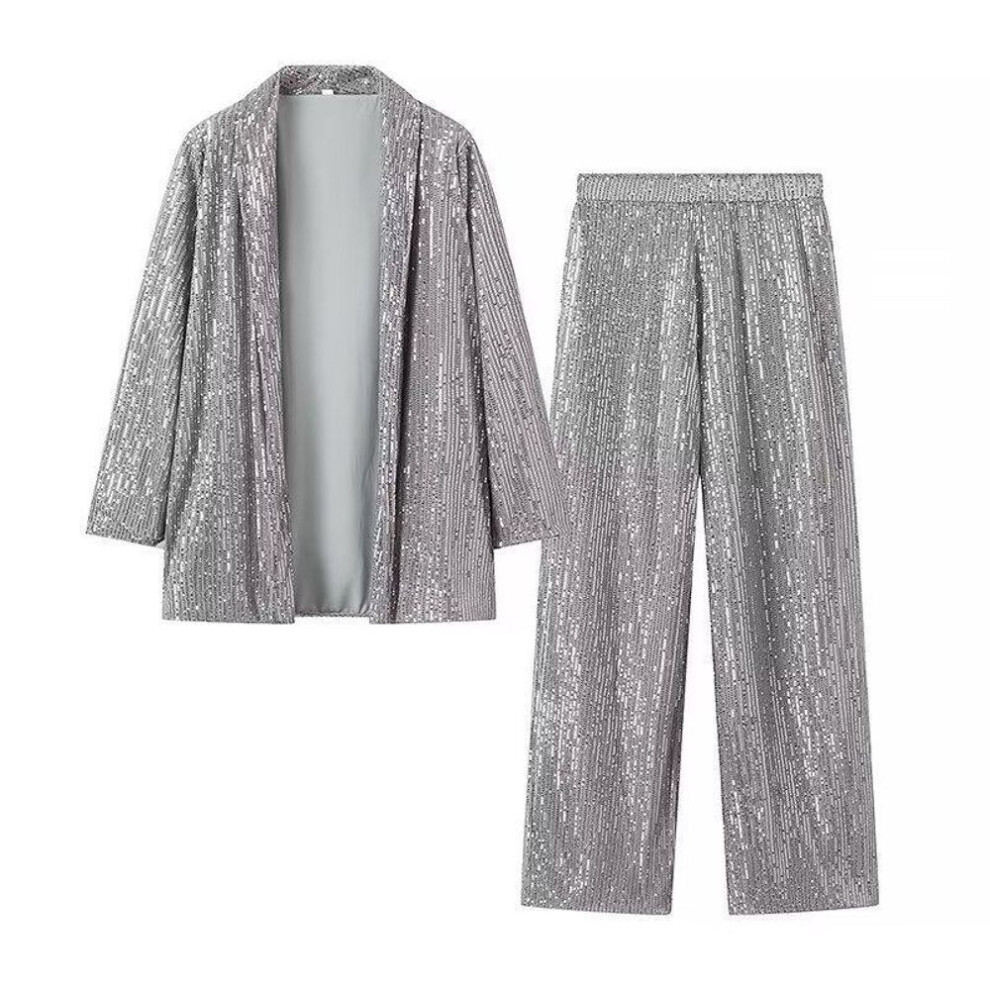 (silver, M) "2024 Spring Women's Sequin Loose Casual Suit Set