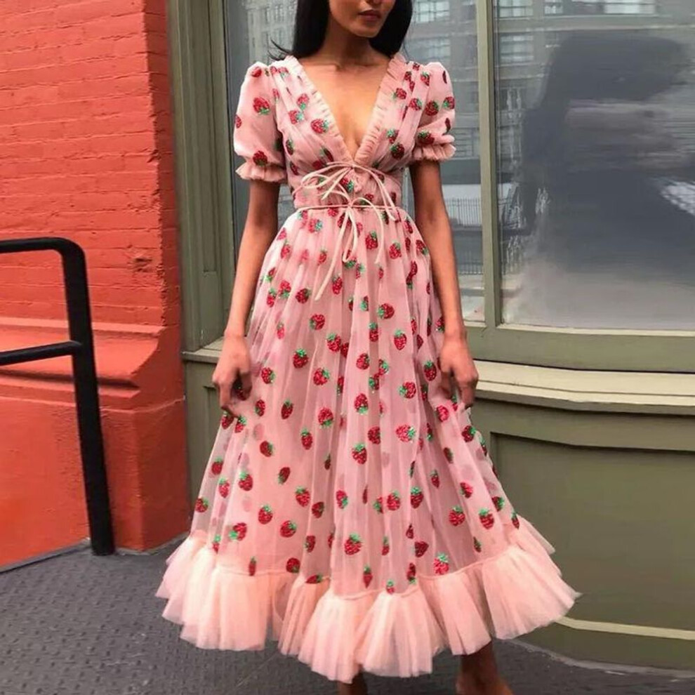 (pink, XXXL) French Strawberry Sequin Pleated Dress With Mesh Straps - Summer Long Skirt, Two-tone Design, 25 Options (ls8265)