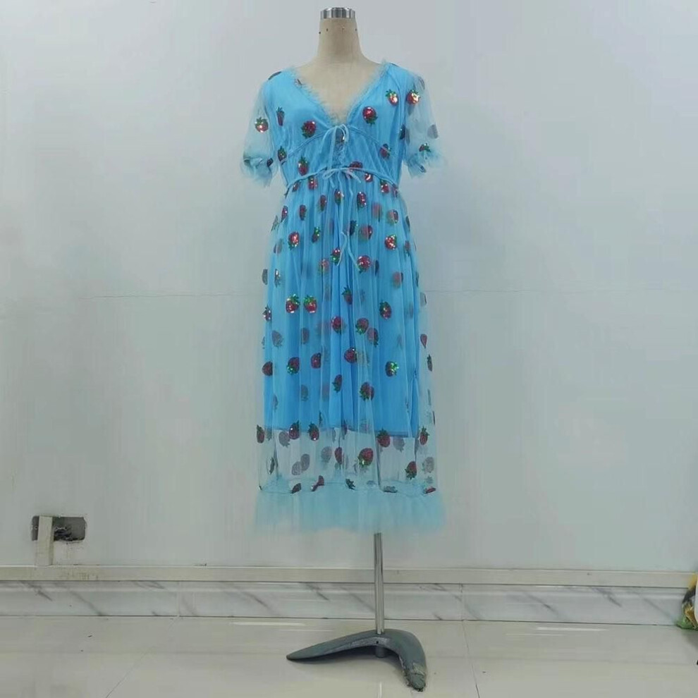 (blue,strawberry, S) French Strawberry Sequin Pleated Dress With Mesh Straps - Summer Long Skirt, Two-tone Design, 25 Options (ls8265)