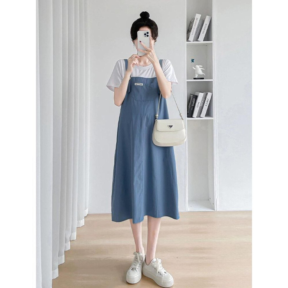 (dark blue, XXX-Large) 2023 Summer Maternity Casual Medium-length Spliced Suspender Dress
