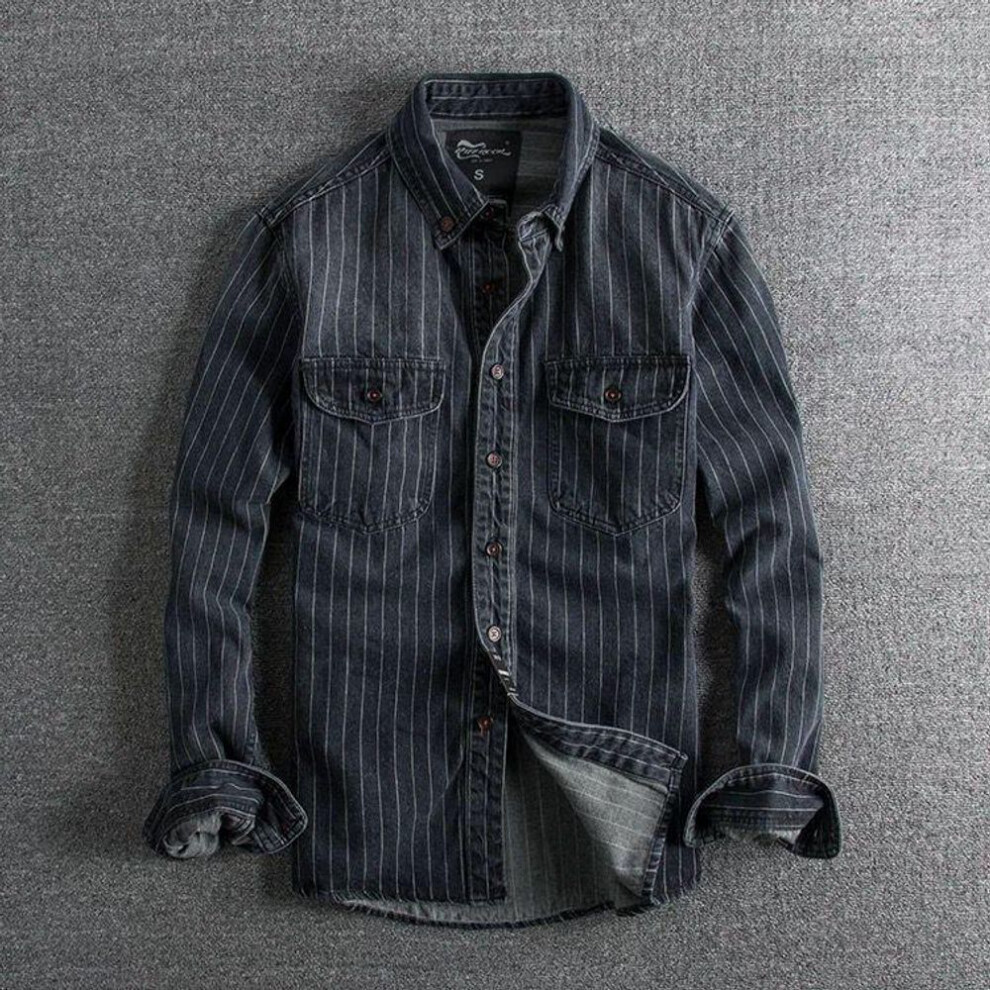 (black, 2XL) Men's Trendy Retro Distressed Denim Jacket - Slim Fit, Casual Striped, Long Sleeve For Spring & Autumn.