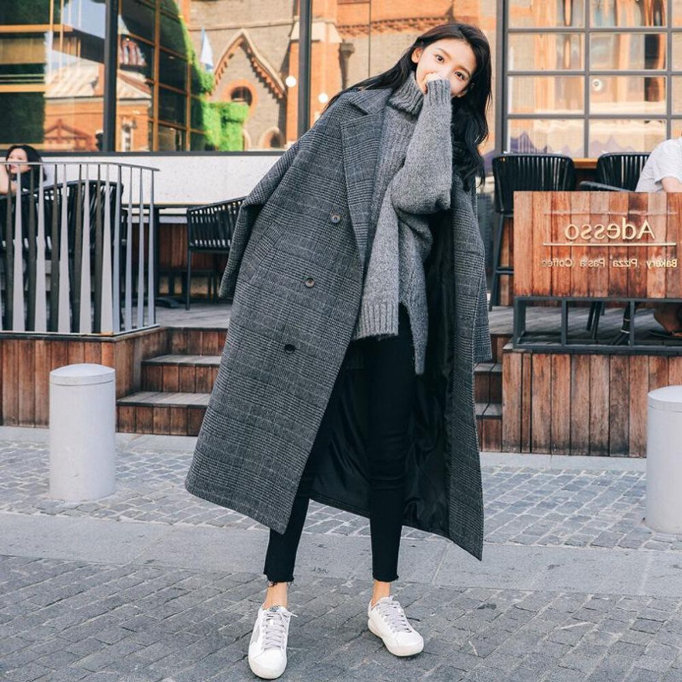 (S) Women's Korean-Style Plaid Woolen Coat: Mid-Length, Thickened, Padded, Loose Fit, Over-the-Knee Design for Winter.