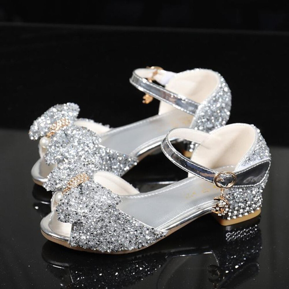 (silver, 33) 2024 Girls' Crystal High-Heeled Sandals: Cute, Comfortable Ice Princess Summer Footwear for Children