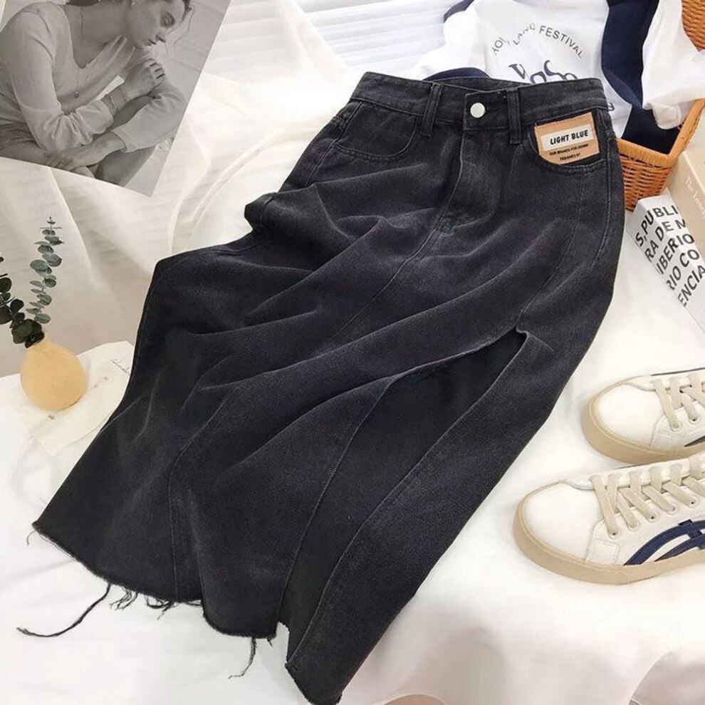 (black, L) "Women's High Waist Denim A-Line Skirt with Side Slits - Irregular Medium Length for Summer