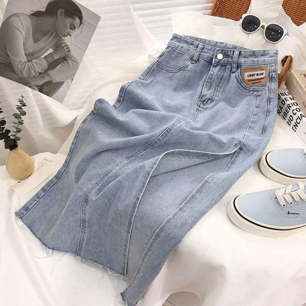 (light blue, M) "women's High Waist Denim A-line Skirt With Side Slits - Irregular Medium Length For Summer