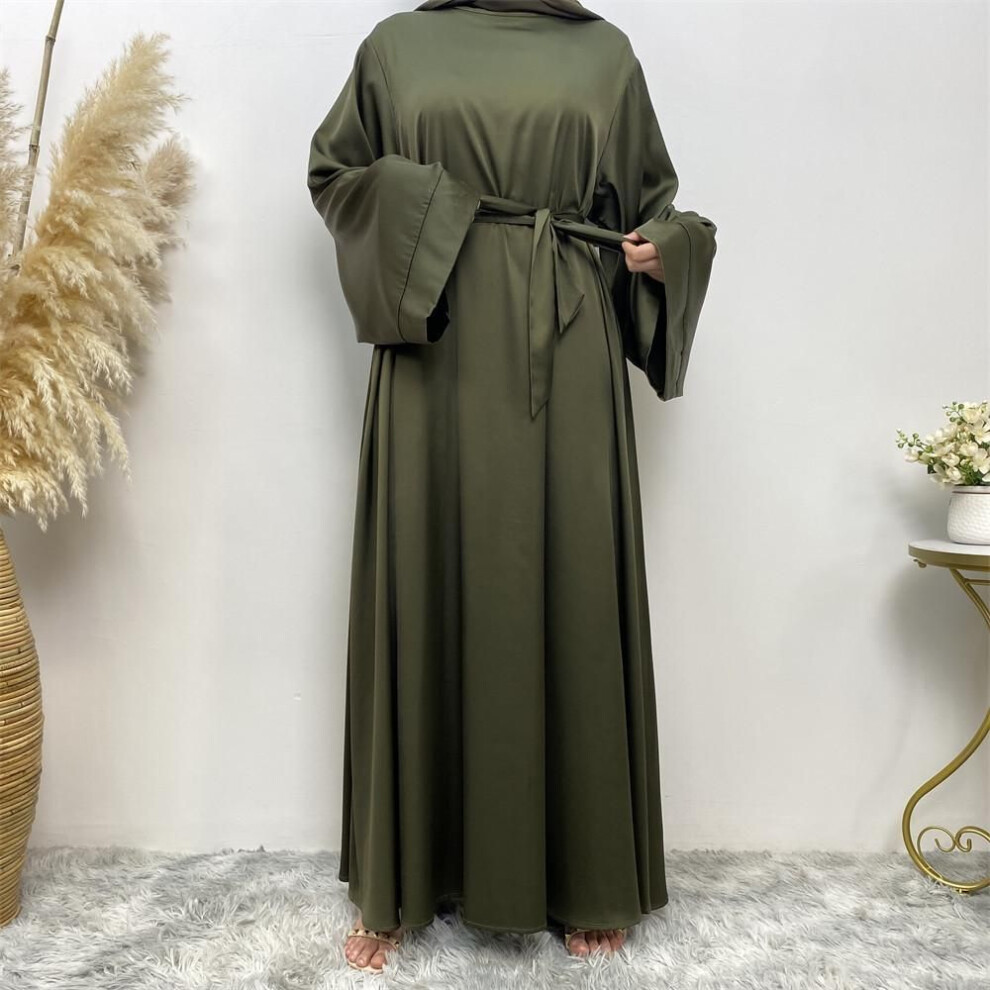 (army green, Double Extra Large (2XL)) Dubai Hot Sale Solid Color Lace-up Satin Muslim Dress (large Size) - 6622