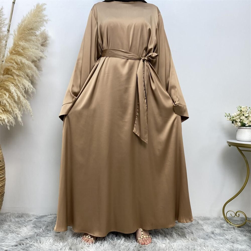 (gold, Medium (M)) Dubai Hot Sale Solid Color Lace-Up Satin Muslim Dress (Large Size) - 6622