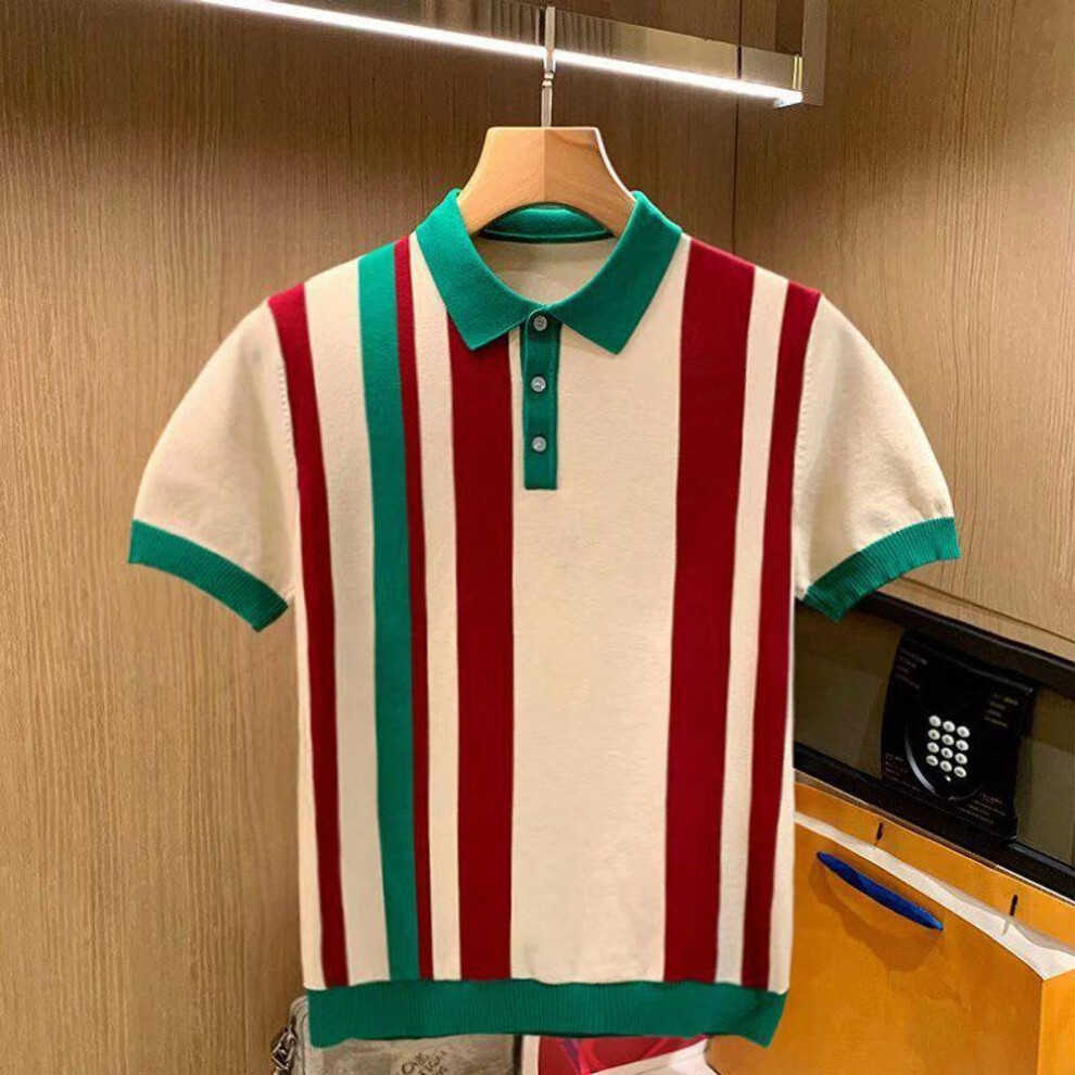 (khaki, L) Men's Luxury Italian Knitted Polo Shirt with Vertical Stripes