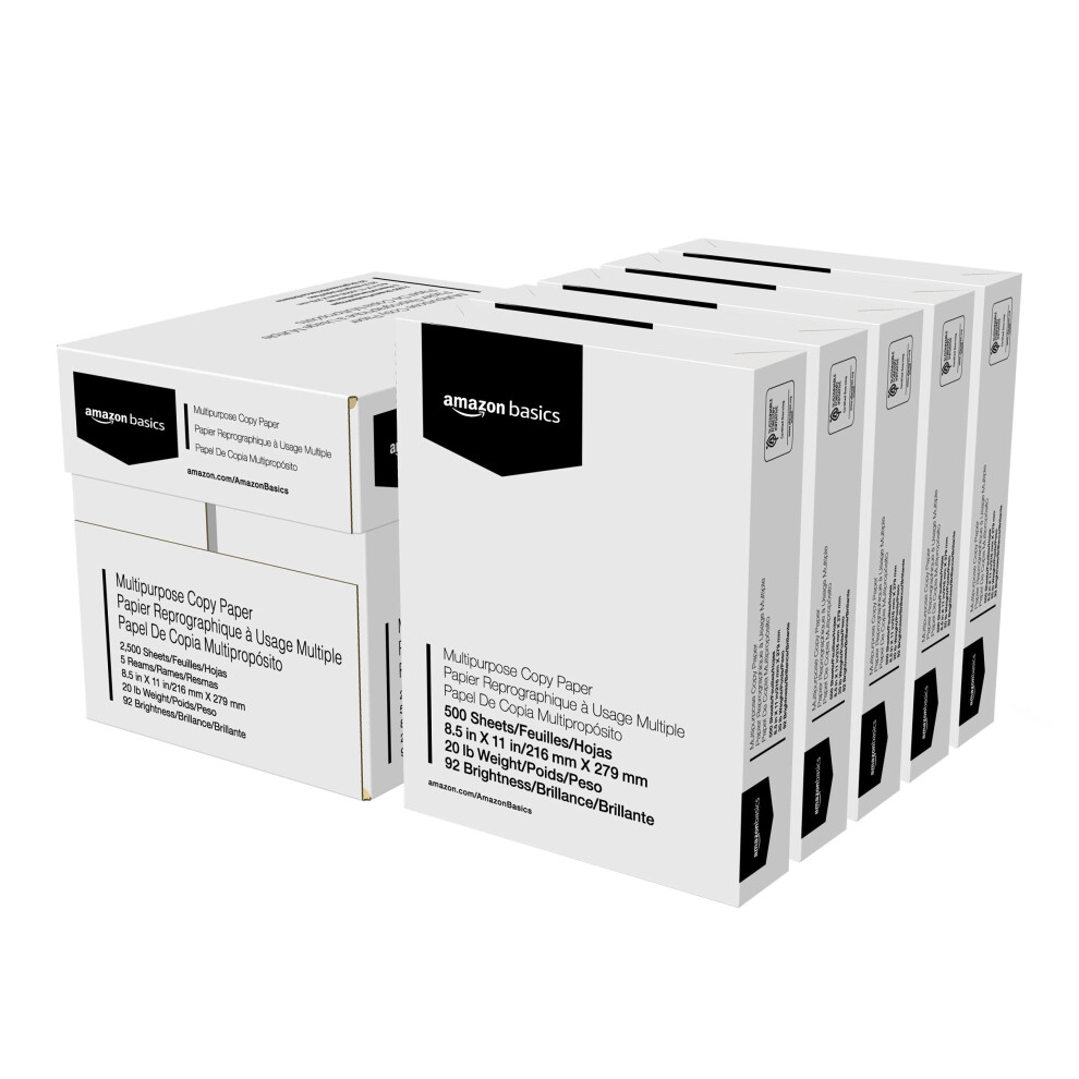 Amazon Basics Multipurpose Copy Printer Paper 8.5"""" x 11"""" 20 lb 5 Reams 2500 Sheets 92 Bright White