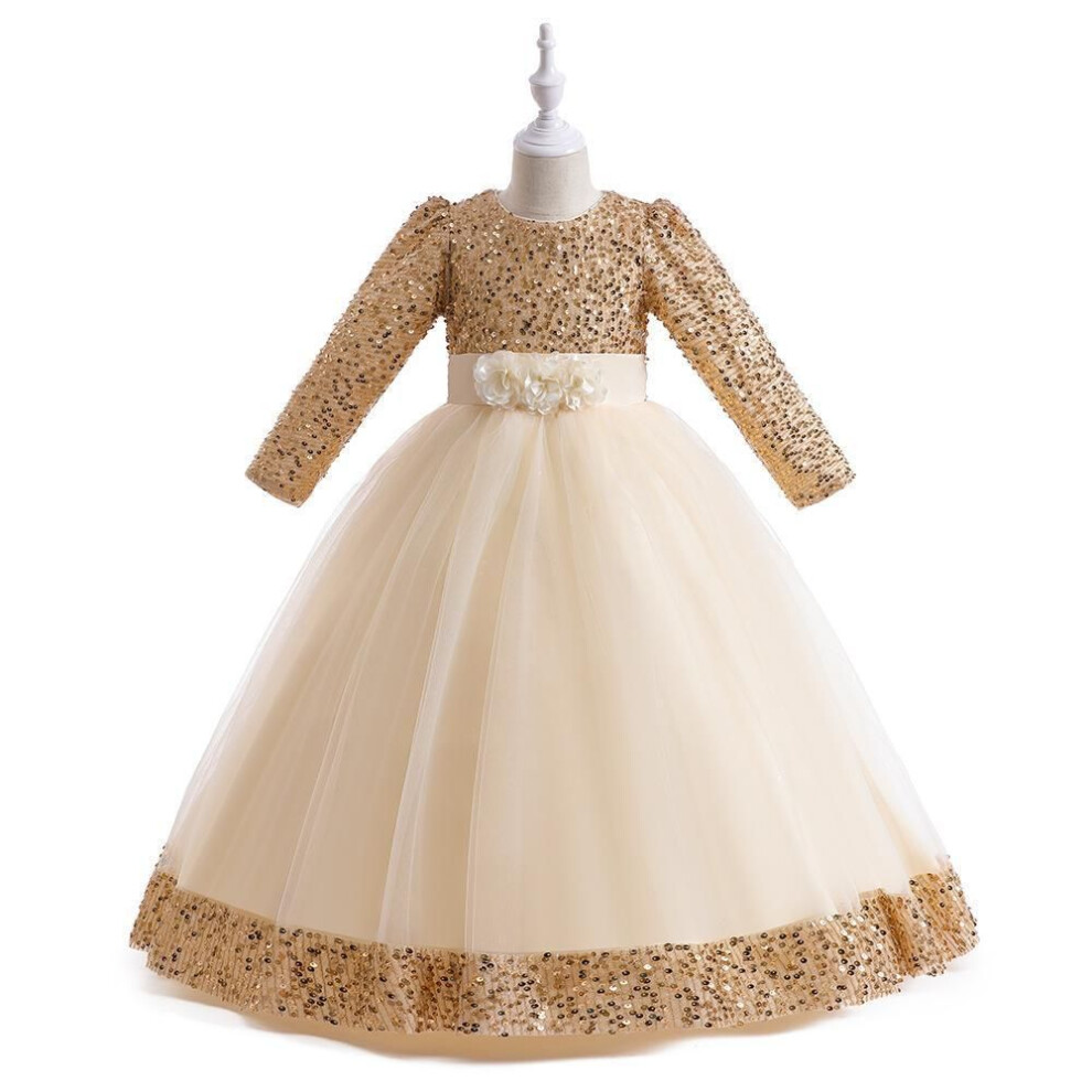 (champagne, 130 cm) "2024 Girls' Sequin Long Sleeve Evening Dress For Catwalk And Events