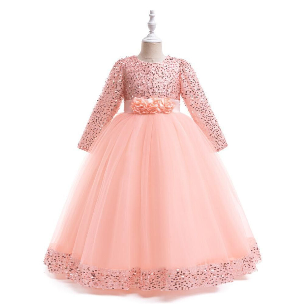 (nude,pink, 120 cm) "2024 Girls' Sequin Long Sleeve Evening Dress for Catwalk and Events