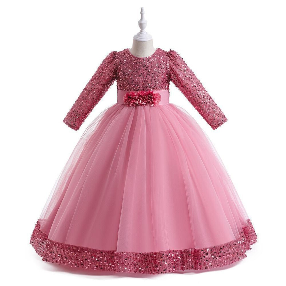 (peach,pink, 140 cm) "2024 Girls' Sequin Long Sleeve Evening Dress For Catwalk And Events