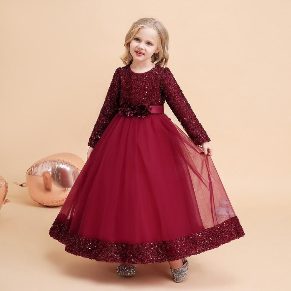 (burgundy, 170 cm) "2024 Girls' Sequin Long Sleeve Evening Dress For Catwalk And Events