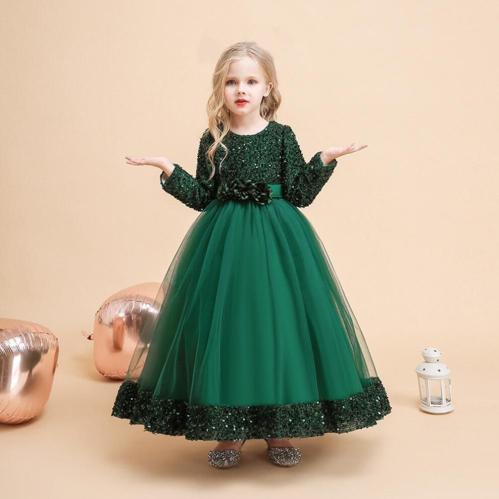(dark green, 150 cm) "2024 Girls' Sequin Long Sleeve Evening Dress For Catwalk And Events