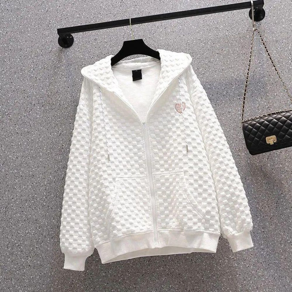 (white, XL) Women's Lightweight Niche Waffle Jacket: Spring/Autumn Loose Fit BF Style Zipper Cardigan Sweater