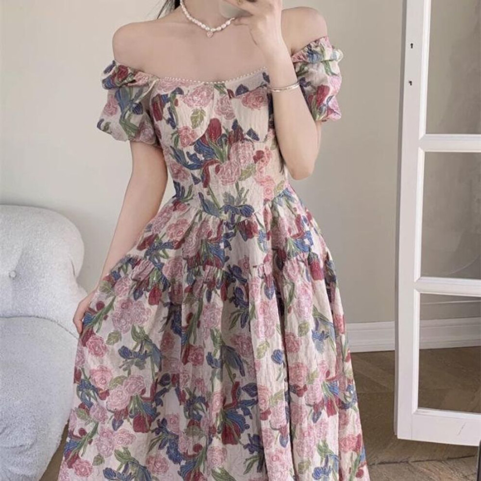 (Large) French Romantic Floral Square Collar Dress - Plus Size, Slimming, Summer Maxi Skirt
