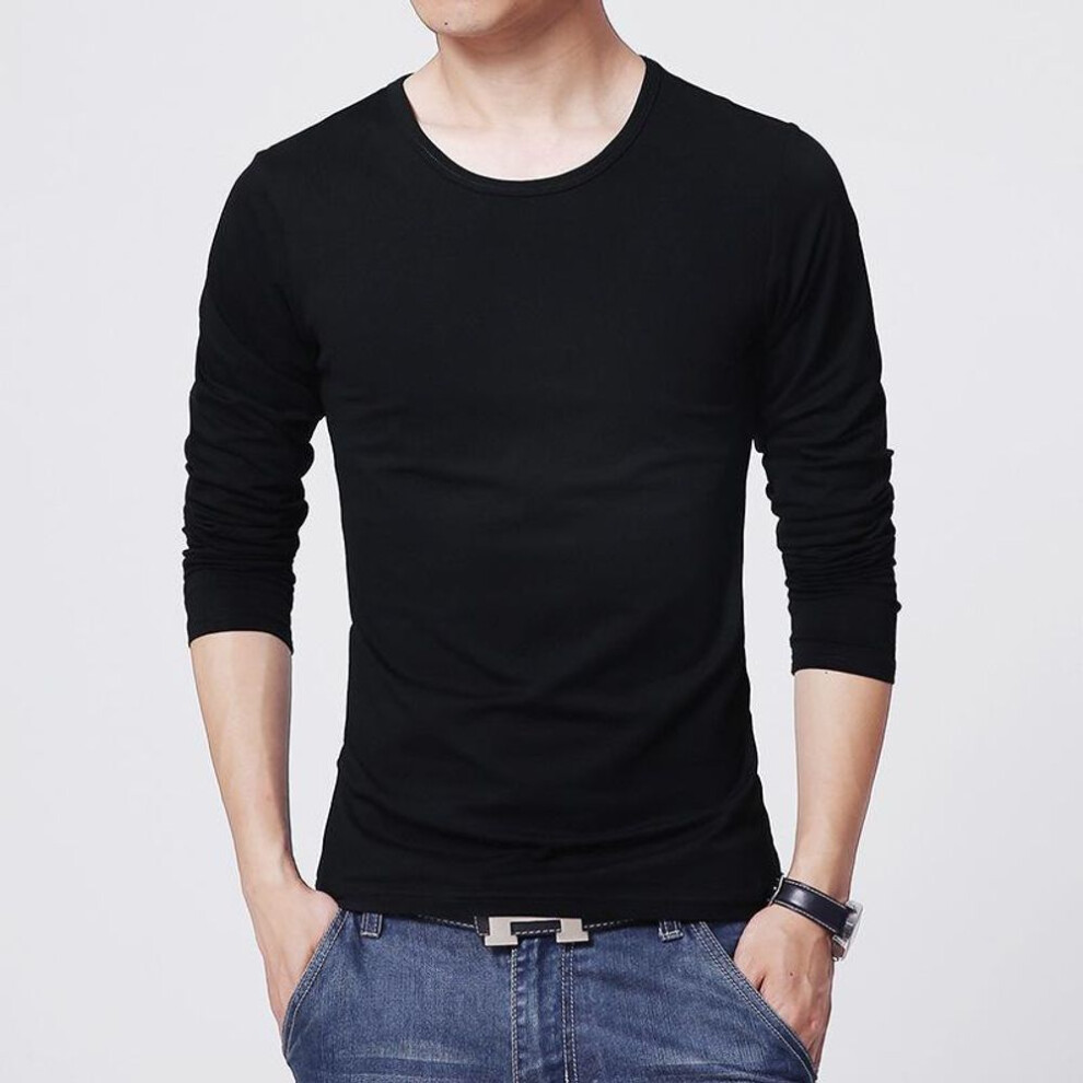 (black, 5XL) Men's Solid Color Slim Fit Autumn T-Shirt - Long-Sleeved Round Neck Korean Style Casual Pullover