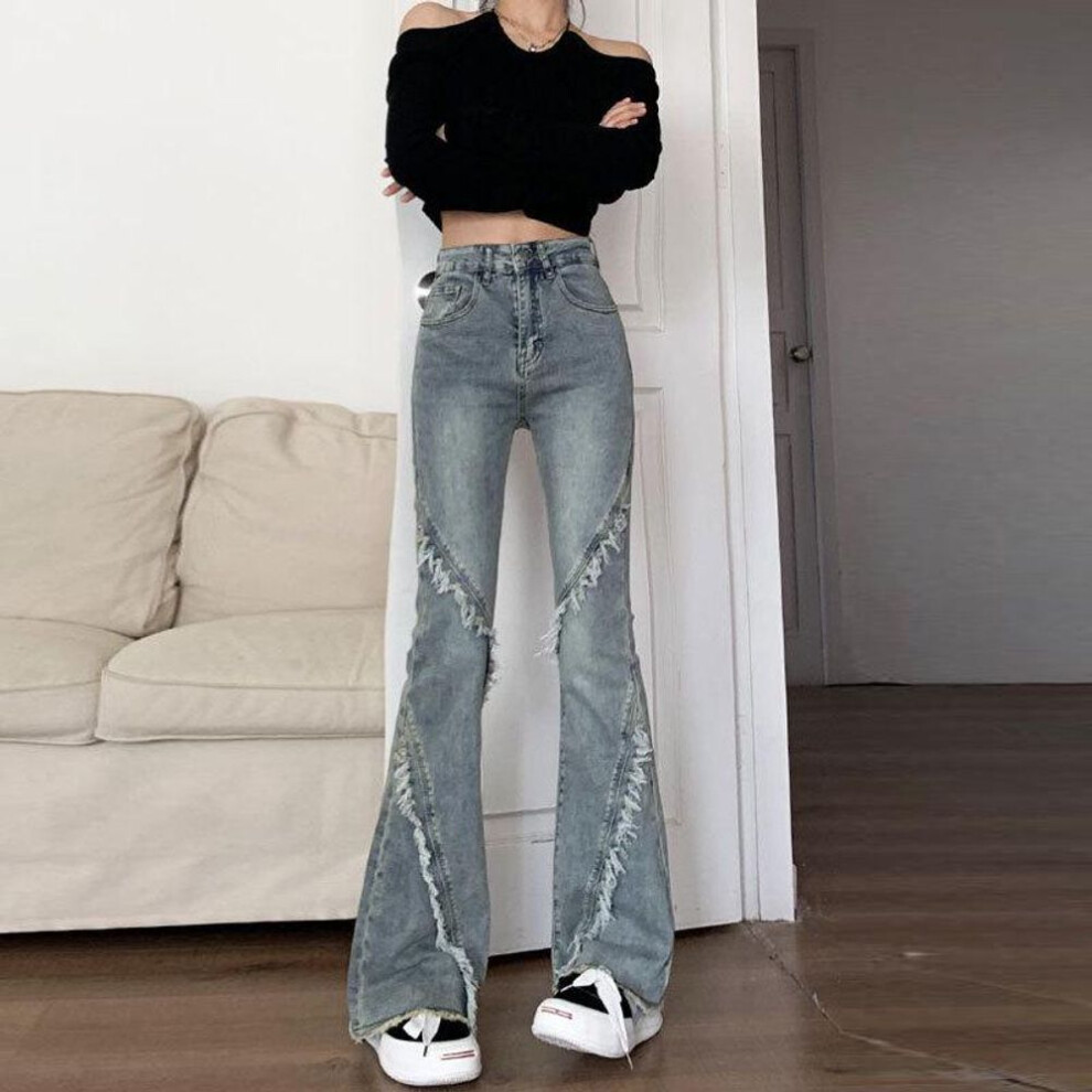 (S) Women's High Waist Elastic Flared Jeans - Raw Edge, Slim Fit, Retro Nostalgic Style, Small Size