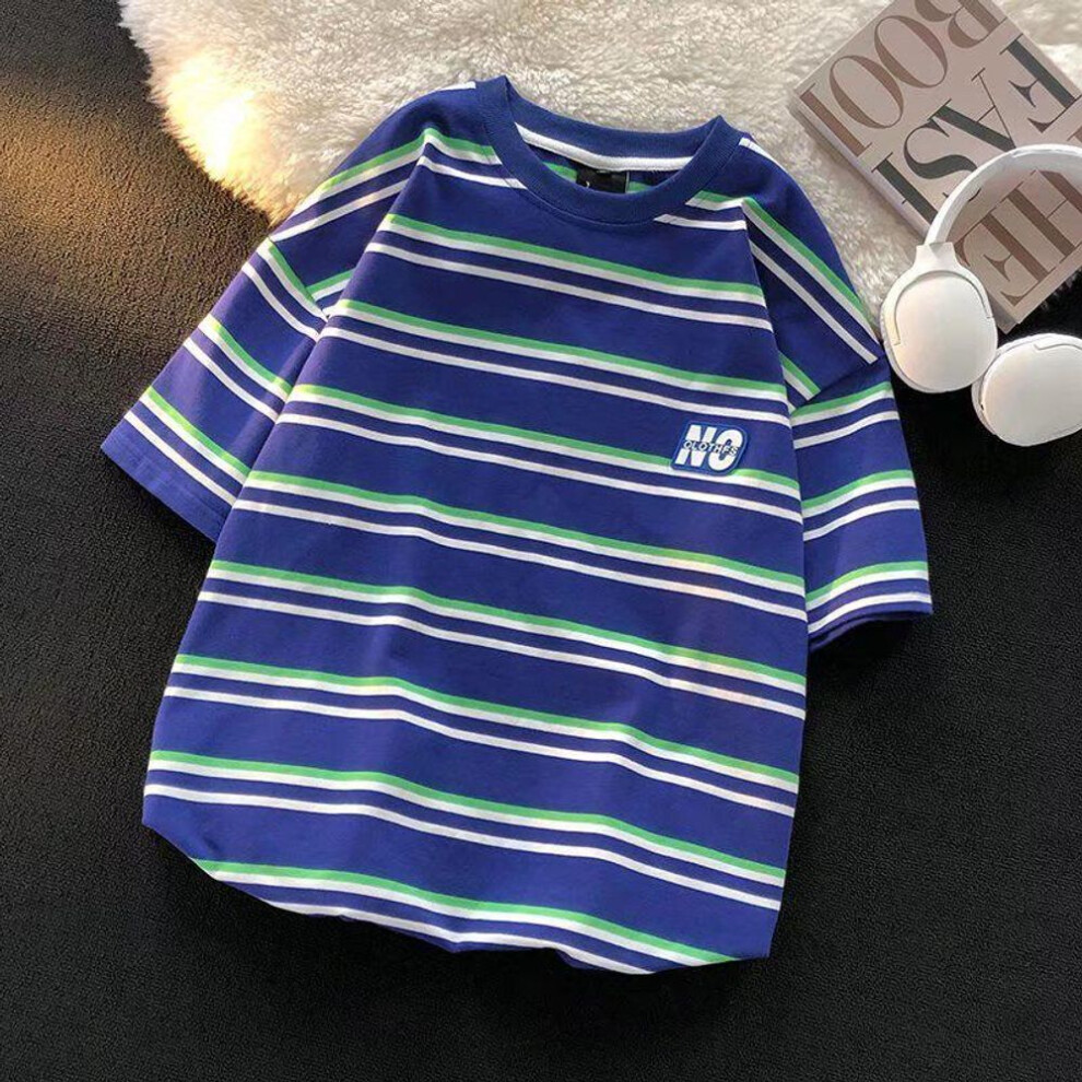 (blue, XL) Men's Striped Retro Loose-Fit T-shirt - Summer 2022 Trendy Design