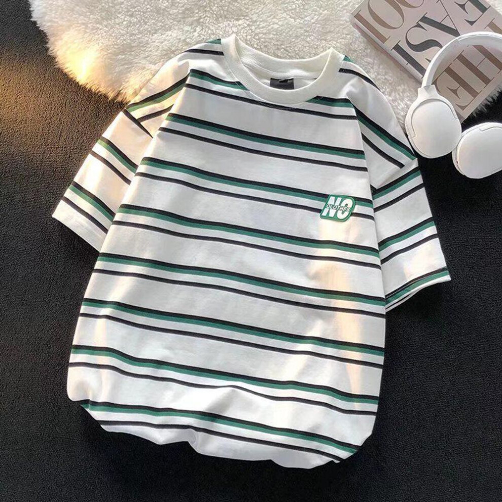 (white, L) Men's Striped Retro Loose-Fit T-shirt - Summer 2022 Trendy Design
