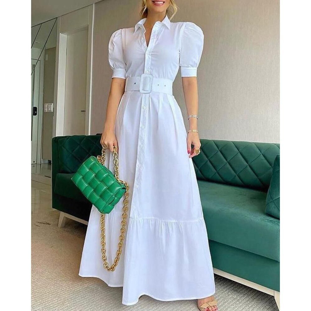 (white, Small) European & American Striped Puff Sleeve Shirt Dress For Women