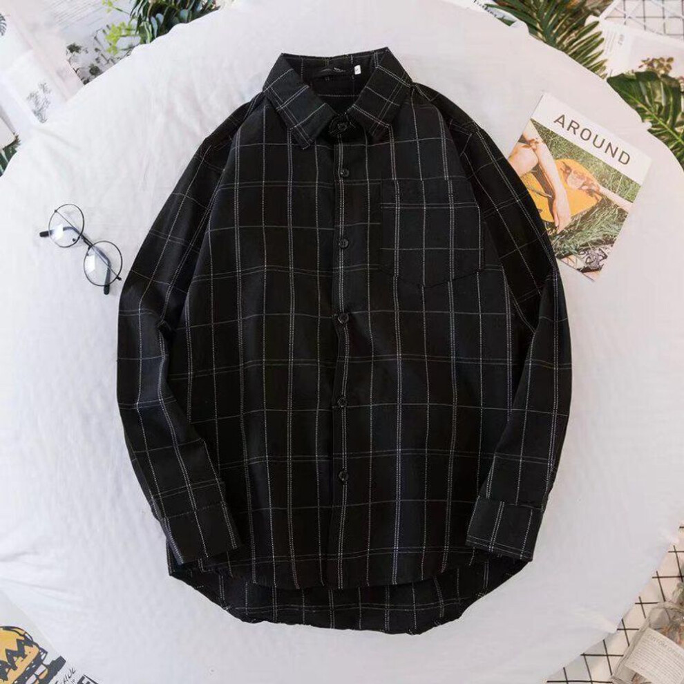 (black, Medium) "Men's Korean Style Plaid Long-Sleeved Casual Shirt Jacket - Spring/Summer 2023