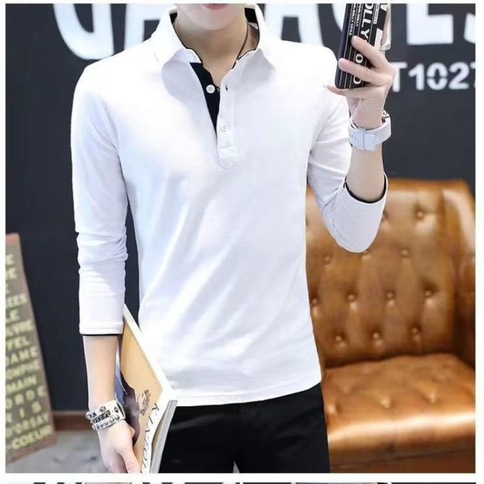 (white, XL) Men's Trendy Long-Sleeve Polo T-Shirt with Lapel - Casual Slim Fit for Spring & Autumn