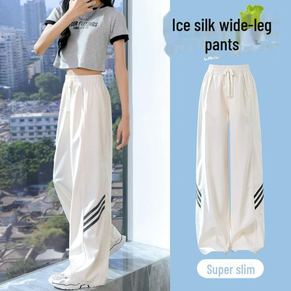 (off-white, 140) "girls' Summer Quick-dry Wide-leg Ice Silk Pants - Lightweight Casual Wear