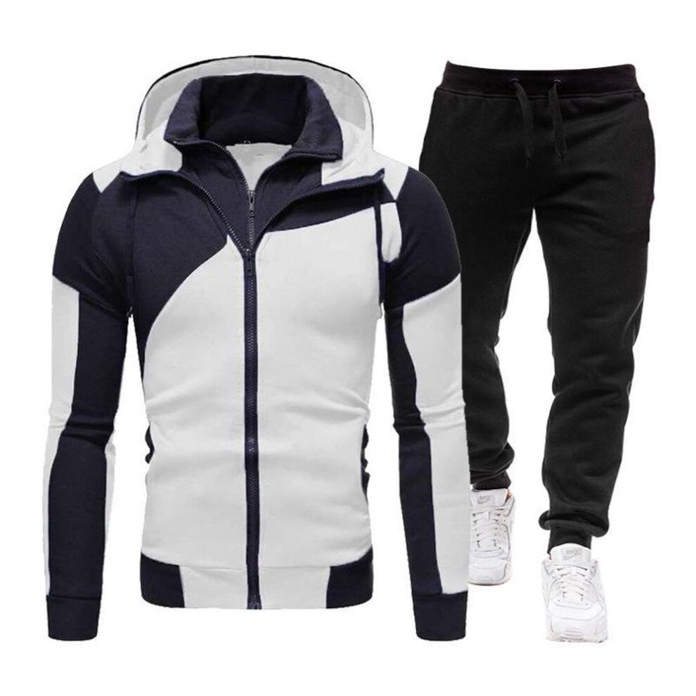 (white, Small) Men's Thickened Hooded Sportswear Suit - Autumn/Winter Long Sleeve Jacket and Pants