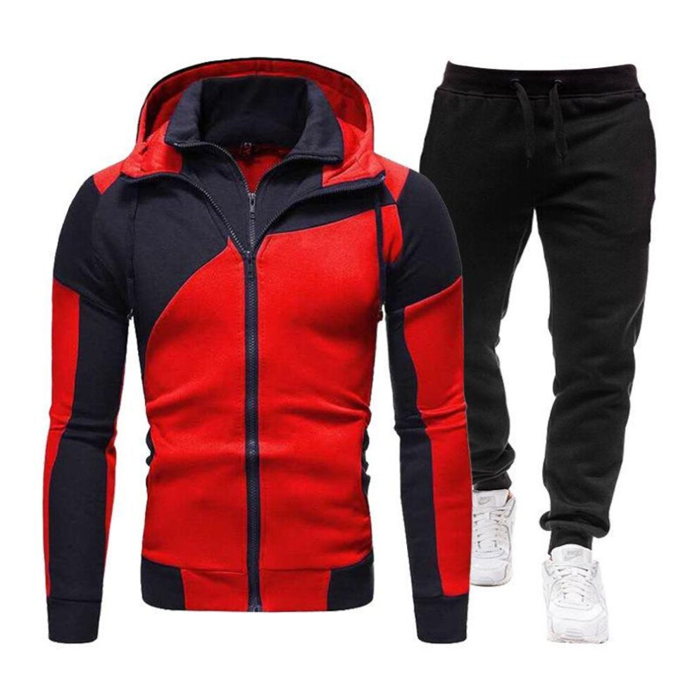 (red, Small) Men's Thickened Hooded Sportswear Suit - Autumn/Winter Long Sleeve Jacket and Pants