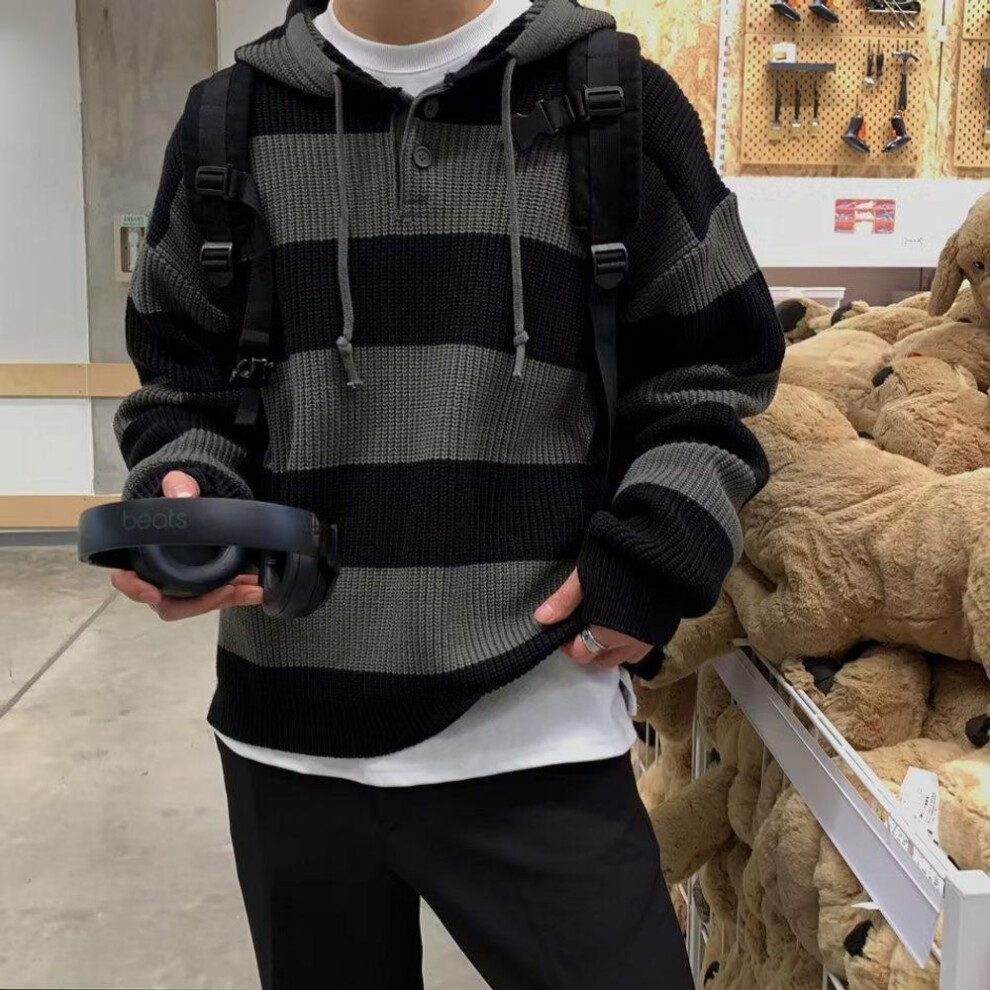 (black, XXL) Retro Korean-Style Loose Knitted Sweater for Men