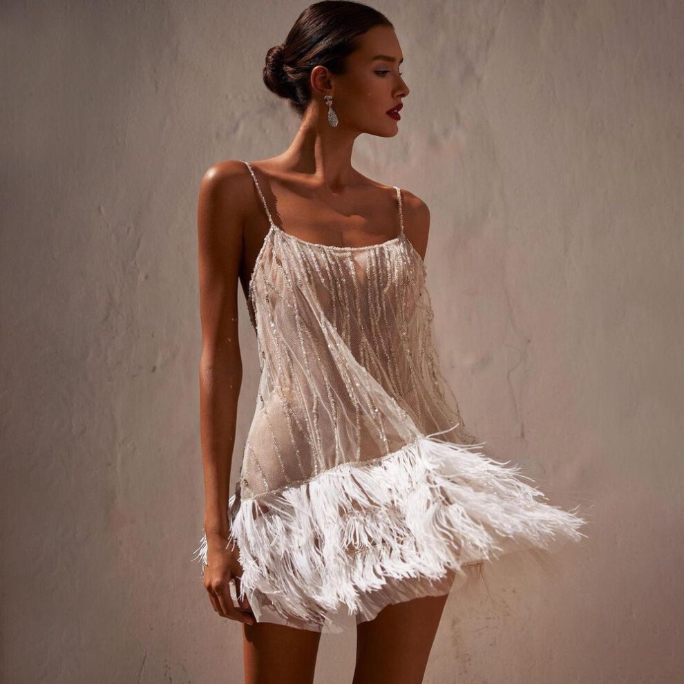 (white, XXL) "2025 European & American Style Sexy Backless Party Dress: Layered Tassel Mesh Beaded Suspender Skirt
