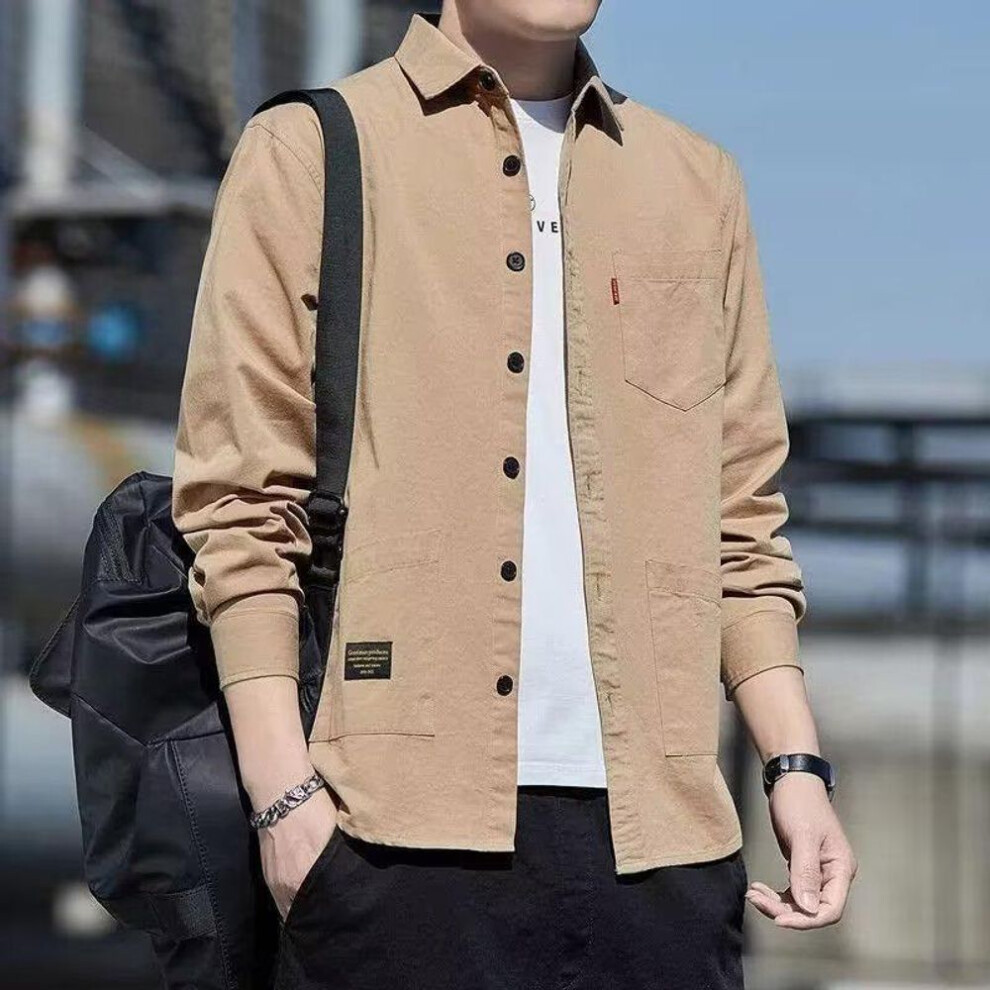 (khaki, XL) 2023 Japanese Hong Kong Style Long-Sleeved Loose Shirt for Boys - Summer Trend Casual Jacket