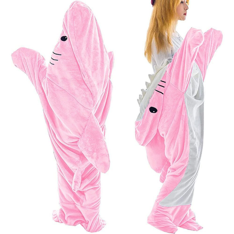 (pink, Large) Adult Shark Hoodie Pajama Sleeping Bag - Super Soft Flannel, Wearable & Loose Fit
