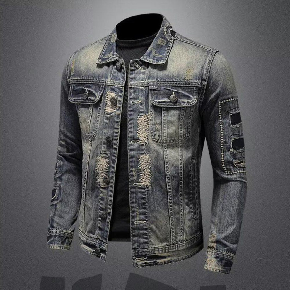 (blue, 3XL) "Men's Retro Distressed Denim Jacket - Slim Fit, Korean Style for Spring and Autumn