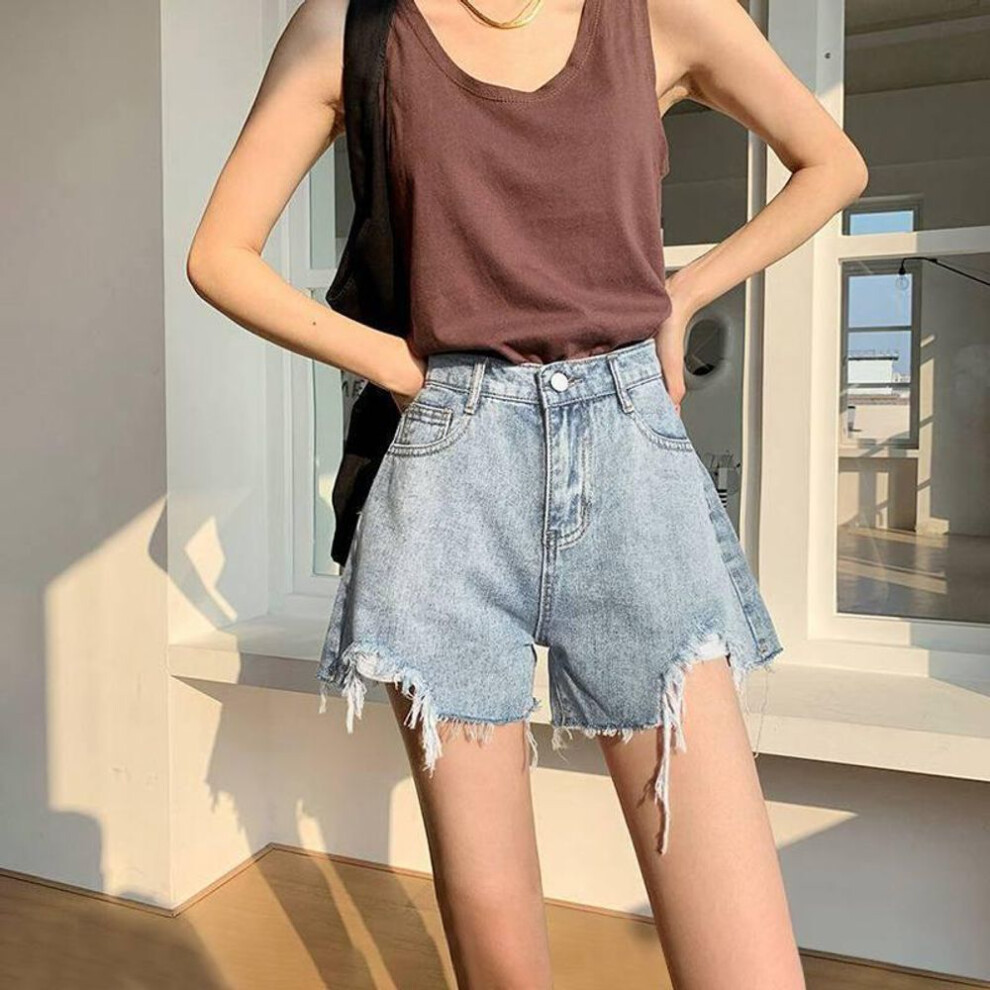 (light blue, XL) Black High-Waisted Ripped Denim Shorts - Summer 2022 Trendy Women's A-Line Hot Pants