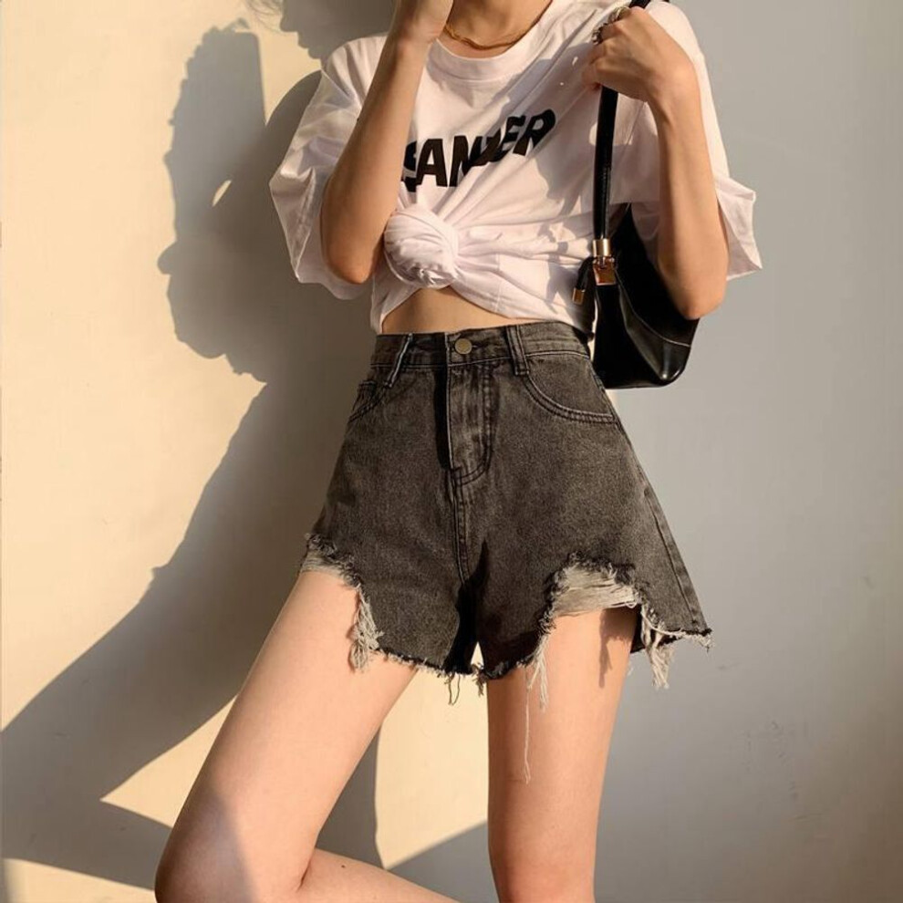(black gray, S) Black High-waisted Ripped Denim Shorts - Summer 2022 Trendy Women's A-line Hot Pants