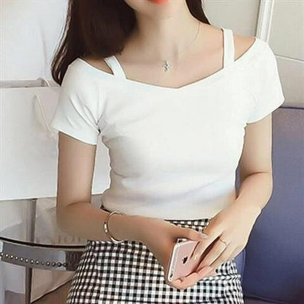 (white, Medium (M)) Women's Black Off-shoulder Short-sleeve T-shirt - 2025 Korean Summer Trend